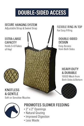 XL Double-Sided Knotless Slow Feed Hay Net – Holds 5–6 Flakes, 2"x2" Openings, Comfortable for Horse Muzzles, 1000D Mesh Side Gussets, Adjustable Hanging Strap, Durable & Safe Design