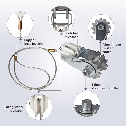 in-Line Electric Fence Wire Strainer, Termination Kit, Heavy Duty Wire Ratchet Electric Fence Tensioner with Integrated Insulator, Farm Fence