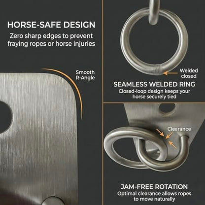 Heavy Duty 304 Stainless Steel Horse Tie Ring Anchors 2 Pack | Rustproof equine tie down hardware for trailers stalls & farms, jam-free rotation, includes 4 lag screws