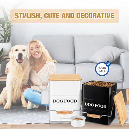Tioncy 2 Pcs Metal Dog Food Storage Containers Total 10-14 Lbs (50 Cup) Capacity, Airtight Pet Food Canister with Bamboo Lids Scoop DIY Labels Dog Treat Storage Jars for Kitchen Counter(Black，white) - color: Black+White