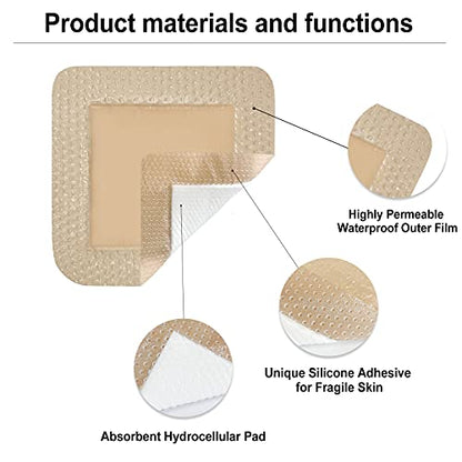 Carbou Silicone Foam Dressing with Gentle Border, 3"x3", 10 Pack | Adhesive Waterproof Wound Dressing Bandage, High Absorbency Pad, Foam Bandage for Wound Care - size: 3x3 Inch (Pack of 10)