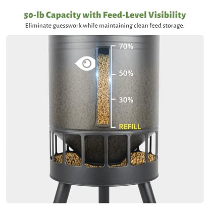 KOL 50LB Metal Chicken Feeder - No Waste, No Clog Design with 16 Ports & Smooth Gravity-Flow, Powder Coated Rust-Proof for Coop Use (Black) - color: Black
