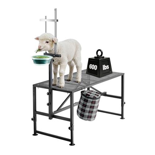 VEVOR Goat Milking Stand, 600 lbs Heavy Duty Goat Stand with Feed Bin, Adjustable Headpiece & Tool Basket, Stanchion for Grooming & Hoof Trimming, Metal Livestock Platform for Sheep, 47" x 23", Black - color: Black, size: 47"x23"(with Feed Bin)