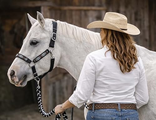 CHALLENGER Nylon Horse Beaded Halter Nickle Plated Hardware w/Lead Rope Tack Blue 606175 - color: Black, size: Cob Size