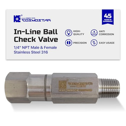 Cosmostar 1/4" NPT Stainless Steel 316 In-Line Ball Check Valve – 6000 PSI One Way Spring Check Valve for Water, Oil & Gas, Anti-Corrosion Backflow Preventer with Viton O-Ring, Male x Female(NRVN02)
