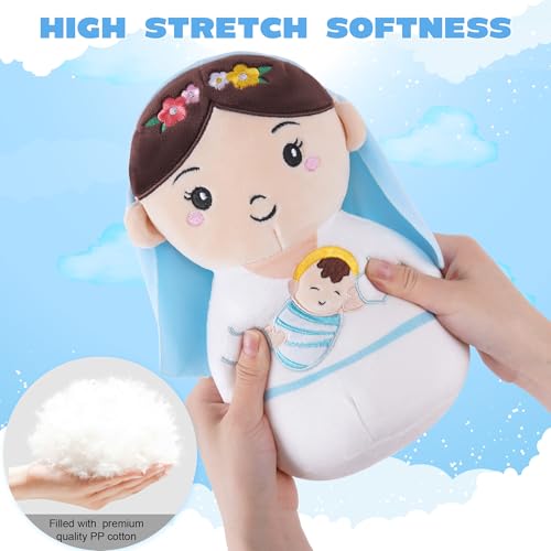 Virgin Mary Plush Doll, 8-Inch Mother Mary Stuffed Plushie Pillow Holding Baby Jesus, Catholic Toys for Kids, Baby Nativity Scene Set, Catholic Gifts for Boys Girls Nursery Decor - style: Virgin Mary