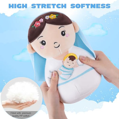 Virgin Mary Plush Doll, 8-Inch Mother Mary Stuffed Plushie Pillow Holding Baby Jesus, Catholic Toys for Kids, Baby Nativity Scene Set, Catholic Gifts for Boys Girls Nursery Decor - style: Virgin Mary