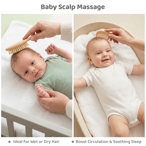 5 Piece Baby Hair Brush Set, Wooden Baby Brush and Comb Set with Natural Soft Goat Hair Bristles, Cradle Cap Brush, Baby Essentials Grooming Kit for Boy Girl