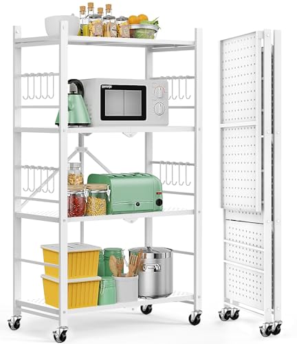 Himix 4-Tier Foldable Metal Storage Shelf with Wheels Kitchen White - color: White, size: 4-Tier