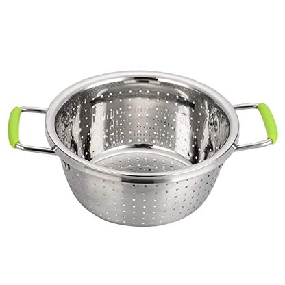 Stainless Steel Deep Colander Micro-perforated 2.5 Quart Metal Food Strainer with Green Silicone Handles for Draining Pasta Cleaning Food like Fruit - color: Green Double Handle 2.5 Quart