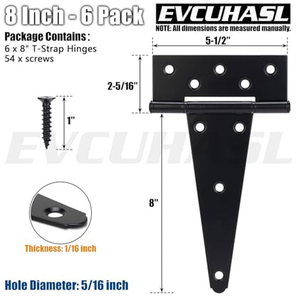 8 Inch T-Strap Gate Hinges, Shed Barn Door Hinges Heavy Duty, Black Tee Hinges for Wooden Fences, Yard Gate, Wrought Hardware Iron Rustproof (6 Pack/Set) - size: 8 Inch