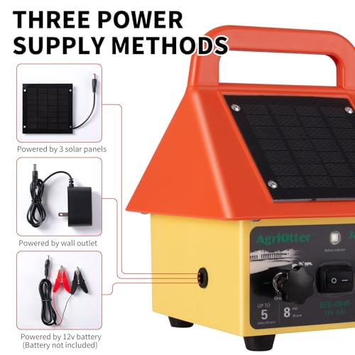 24 Hour Solar Electric Fence Charger,3-in-1 Electric Fence Charger,20 Miles,Solar/BatteryAC Powered Waterproof Design for Livestock Wildlife Control & Property Protection