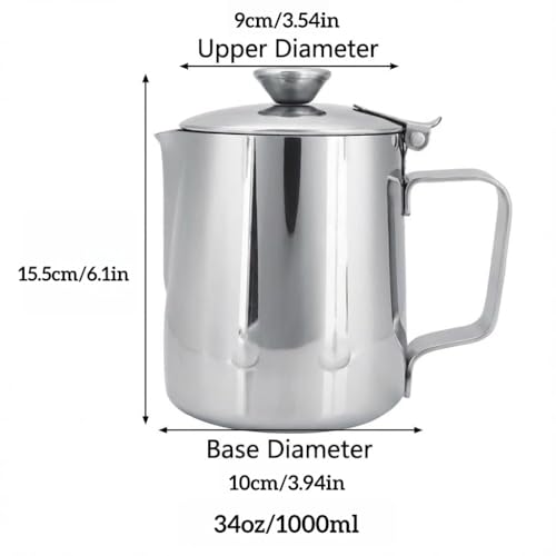 Milk Frothing Pitcher, 1000ml (34oz), Stainless Steel Creamer with Lid | Fits for Milk, Coffee, Cappuccino and Latte Art - size: 34 Ounces