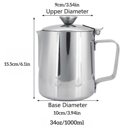 Milk Frothing Pitcher, 1000ml (34oz), Stainless Steel Creamer with Lid | Fits for Milk, Coffee, Cappuccino and Latte Art - size: 34 Ounces