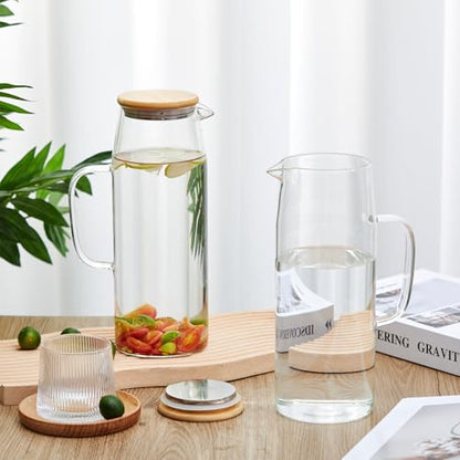 Hsei 2 Sets Glass Pitcher with Lid, 67.6 oz / 2000 ml Water Carafe with Handles Hot Cold Beverage Water Jar Glass Jug for Tea Juice Milk Coffee Iced Beverage(2l) - color: Bamboo Lid, size: 2l