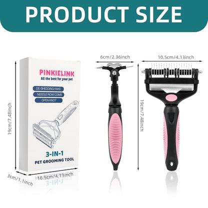 3-IN-1 Pet Grooming Tool - Undercoat Rake, Dematting Comb & Deshedding Brush for Cats, Dogs, Horses - Removes Mats, Tangles & Loose Fur, Reduces Shedding & Prevents Hair Mess (Pink) - color: Pink