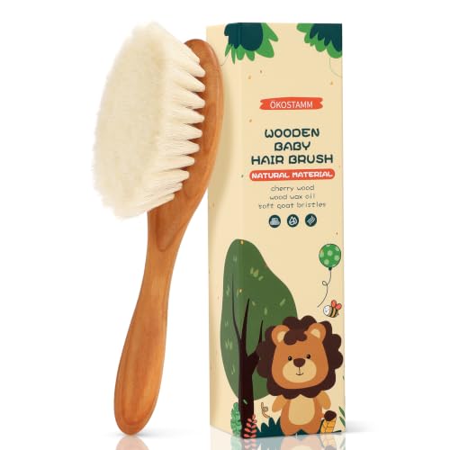 Wooden Baby Hair Brush, No Chemical Painting Infant Hair Brush | All Natural & Safe, Cherry Wood, Soft Goat Bristles, Wood Wax Oil, Prevent Cradle Cap, Exquisite Gift for New Parents