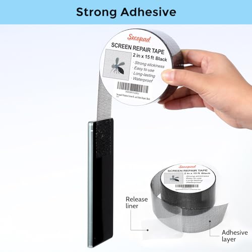 Secopad 2" x 180" (15FT) Screen Repair Tape, Screen Repair Kit, Black - color: Black, size: 2IN x 15FT