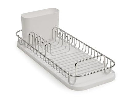 SunnyPoint 304 Stainless Steel NeverRust Compact Dish Drying Rack with Utensil Holder & Removable Drain Tray, Rustproof Small Dish Rack for Kitchen Countertop or Over Sink (Metallic Silver, Compact) - color: Metallic Silver