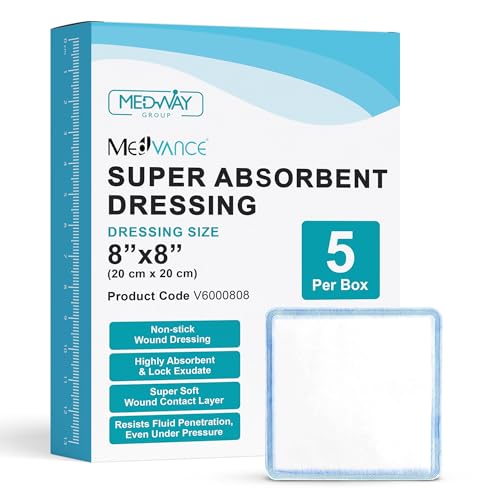 MedVance Super Absorbent Wound Dressing, Non-Adhesive Pads, 8"x8", Box of 5 | Sterile And Individually Wrapped - Non-Stick Wound Bandages - Super Soft - Highly Absorbent & Lock Exudate - Leakproof - size: 8"x8", style: 5 Pack