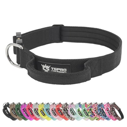 TSPRO Heavy Duty Tactical Dog Collar Quick Release Metal Buckle with Handle | Premium Dog Collar, Military Nylon, 1.25 Inch Wide, Soft Padded, Thick, Durable, Adjustable for Medium & Large Dogs (Black M) - color: Basic Black, size: M, Handle Style, Neck 1