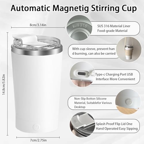 Self Stirring Coffee Mug With Lid, 13.5oz Rechargeable 316 Stainless Steel Detachable Base Auto Mixing Cup, Fast Stirring for Coffee, Milk, Cocoa （White） - color: White