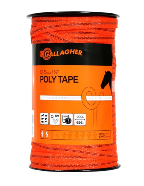 Gallagher 1/2in x 656ft Orange Polytape | High Strength, High-Visibility Poly Tape Electric Fencing for Horses, Livestock, Predator Deterrence, and More