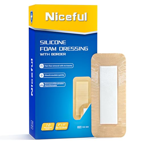 Niceful Ultra Soft Silicone Foam Dressing 2"x5" 10 Pcs, Hypoallergenic | Ultra-Soft Silicone, 15X Absorbency, Long Shape For Leg Ulcers, Waterproof Lasting Adhesion, Atraumatic Removal - size: 2"X5" 10PCS