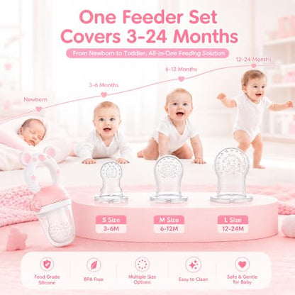 JOCHEBED Baby Fruit Food Feeder Pacifier, Silicone Teething Relief Toy, 2-Pack with 6 BPA-Free Pouches, Light Pink, 3-24 Months - color: Light Pink