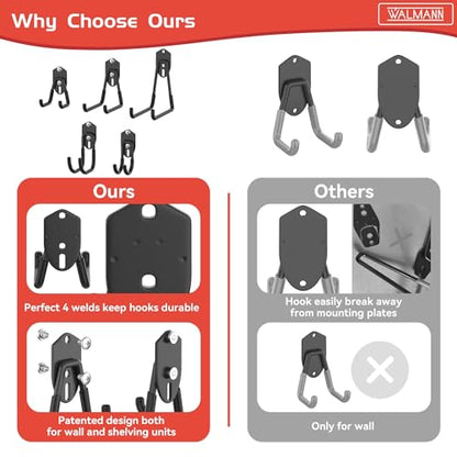 WALMANN Garage Storage Hooks, Wall Mount Utility Hooks for Tools, Black | Wall hooks for Ladders, Cords, Folding Chairs, Shovels and Rakes, Shelving Hooks for Keyhole Shelving Units - style: Black Hook