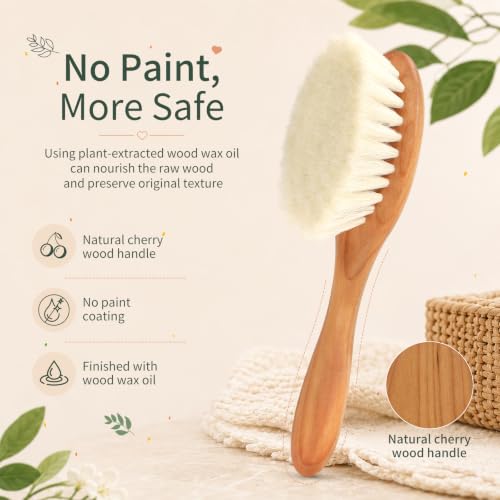 Wooden Baby Hair Brush, No Chemical Painting Infant Hair Brush | All Natural & Safe, Cherry Wood, Soft Goat Bristles, Wood Wax Oil, Prevent Cradle Cap, Exquisite Gift for New Parents