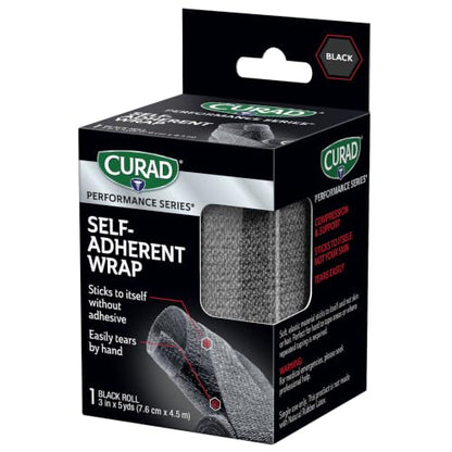 CURAD Performance Series Self-Adherent Athletic Wrap, Black, 3 inches x 5 yards, Compression Support for Sports Injuries, Joint Stability, and Muscle Recovery - size: 1 Count (Pack of 1)