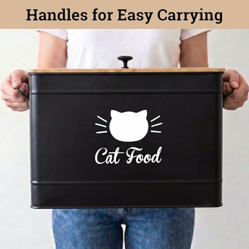 Metal Cat Food Container with Scoop, 15lb (50 Cup) w/ Airtight Bamboo Lid - color: Black