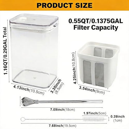 1100ml Greek Yogurt Maker & Strainer with Straw Spoon, Brush & Mesh Bag | 1.16Qt Multiuse strainer with fine mesh bag & lid. Makes yogurt, nut milk, juice, kefir & tofu. Straw spoon & brush included. - size: 1100ML