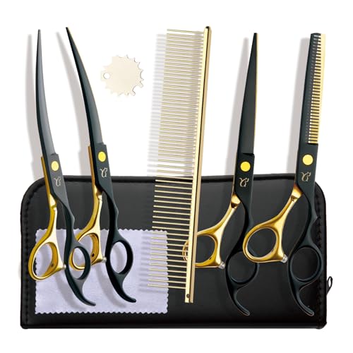 Dog Grooming Scissors-7" Dog Grooming Shears Set 5PCS Black Gold | Paint Coated Curved Scissors Thinning Scissors with Safety Round Tips, Sharp and Durable