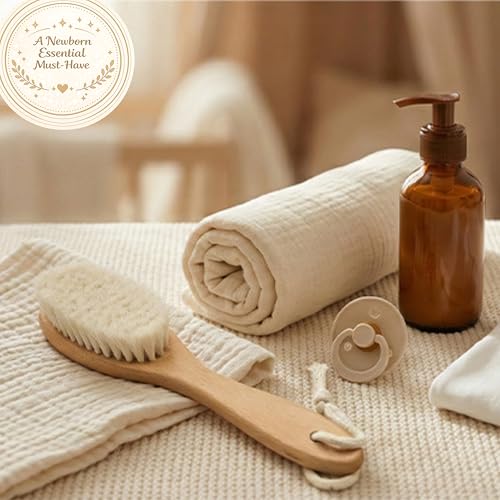 Wooden Baby Hair Brush with Natural Goat-Hair Bristles - Ultra Soft Baby Brush for Newborns & Infants with a Cotton Travel Pouch - Helps with Cradle Cap Care - 21cm Easy Grip Beech Wood Handle - size: Pack of 2