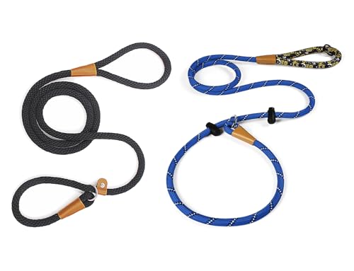 lynxking Dog Leash 1/2in x 5ft Slip Lead Black and 1/2in x 6ft Slip Lead Reflective Blue,2 Pack