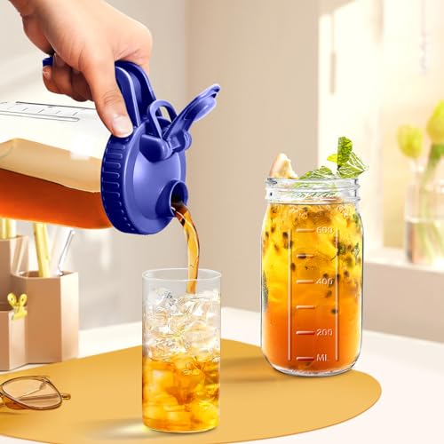 64oz Glass Mason Jar Pitcher with Lid, 2qt Breast Milk Pitcher with Spout - color: 64 OZ Blue