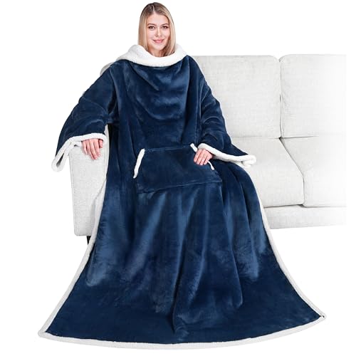 PAVILIA Sherpa Wearable Blanket with Sleeves and Pocket, Plush Thick Cozy Body Blanket Wrap for Adult Women Men, Christmas Gift for Wife Mom, Navy Blue - color: Navy