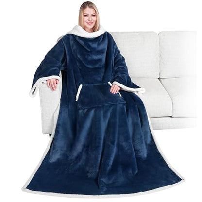 PAVILIA Sherpa Wearable Blanket with Sleeves and Pocket, Plush Thick Cozy Body Blanket Wrap for Adult Women Men, Christmas Gift for Wife Mom, Navy Blue - color: Navy