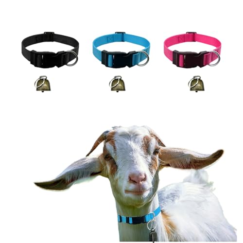 3 Pack Goat Collars with Bell，Adjustable Nylon Collar Set Sheep Collar with Cow Horse Sheep Grazing Copper Bells Accessories for Cow Goat and Small Farm Animal Pet Goat Sheep Cow Accessories