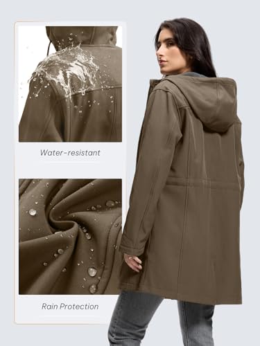SaphiRose Women's Waterproof Rain Jacket with Fleece Lining Hooded Windbreaker Long Warm Outdoor Softshell Coat - color: Olive Green, size: XX-Large