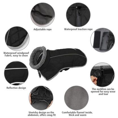 Fragralley Dog Coat Medium, Waterproof Dog Jacket with Warm Fleece Lining, Adjustable Reflective Dogs Winter Coat, Turtleneck Pet Coats for Cold Weather (Black M) - color: Black, size: Medium