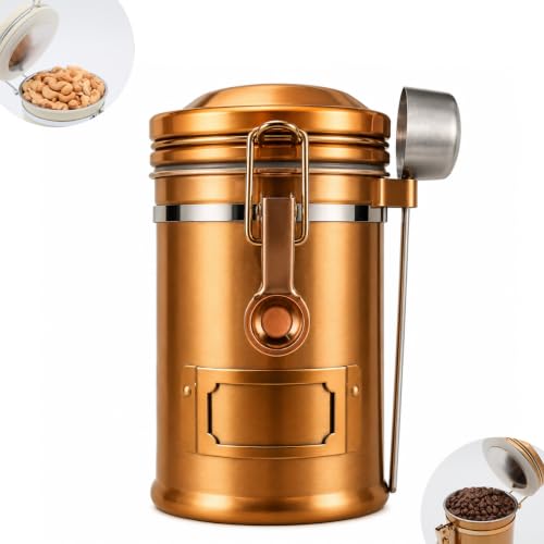 PRINCE G Airtight Coffee Canister with Scoop – Premium Stainless Steel Coffee Storage Container – Light Blocking Vacuum Seal – Keeps Coffee Beans Fresh – 9.1 oz – Bronze - color: Bronze