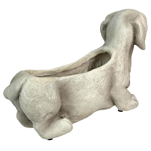 Zeckos Dachshund Dog Planter, 20 Inch Distressed Grey Stone Finish | Doxie Silhouette with Planting Well, For Living Rooms, Patios, Lawns, Gardens - color: Dachshund - Grey