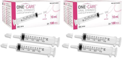 Pack of 200, ONE-CARE 10ml Oral Syringe with Cap, Latex-free, 100 Oral Dispensers - 10ml, Prolonged Slip Tip, Uses include oral administration of medicine for infants, adults and animals - size: 10 ml Black Scale (Pack of 2)