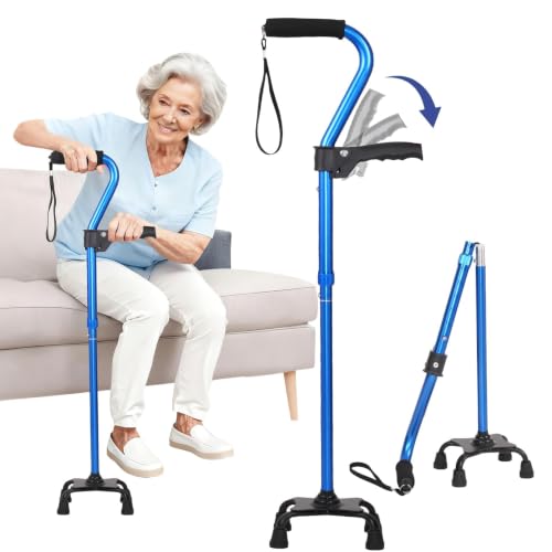 Stand Secure Cane with Stand Up Assist Handle for Elderly, 4 Prong Adjustable Walking Canes for Seniors Women and Men, Non-Slip Wide Base, Aluminum Foldable Stand Cane - color: Blue