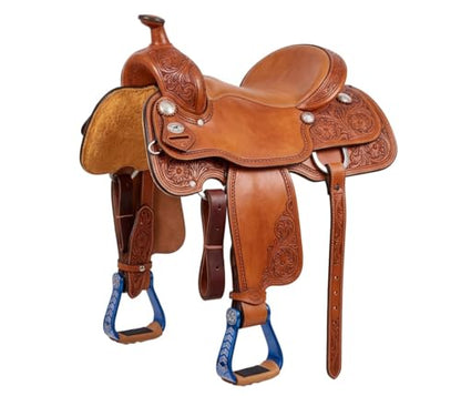 Horse Western 5" Wide Barrel Racer Engraved Aluminum Show Stirrups 51244 - color: Blue