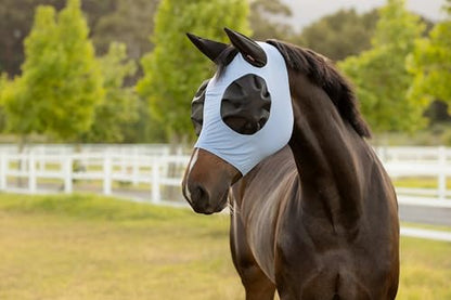 LeMieux Bug Relief Half Fly Mask - Anatomically Shaped - Bug-Eye Eye Darts - Breathable Mesh Ears - Powder Blue - Small - color: Powder Blue, size: S