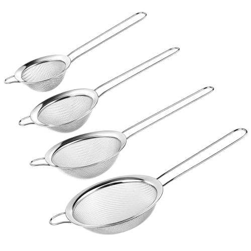 4PCS Fine Mesh Strainer Set, Stainless Steel Kitchen Sieve with Long Handle, Flour Sifter Tea Strainer Oil Filter Colander for Baking, Juice, Rice, Cocktail, Egg Separator - color: 4pcs